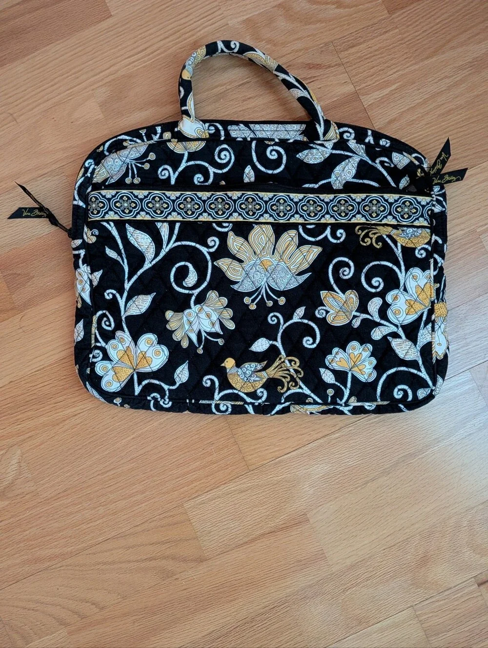 Vera Bradley Black Floral Quilted Laptop Tote with Yellow Accents 15”/ 12”